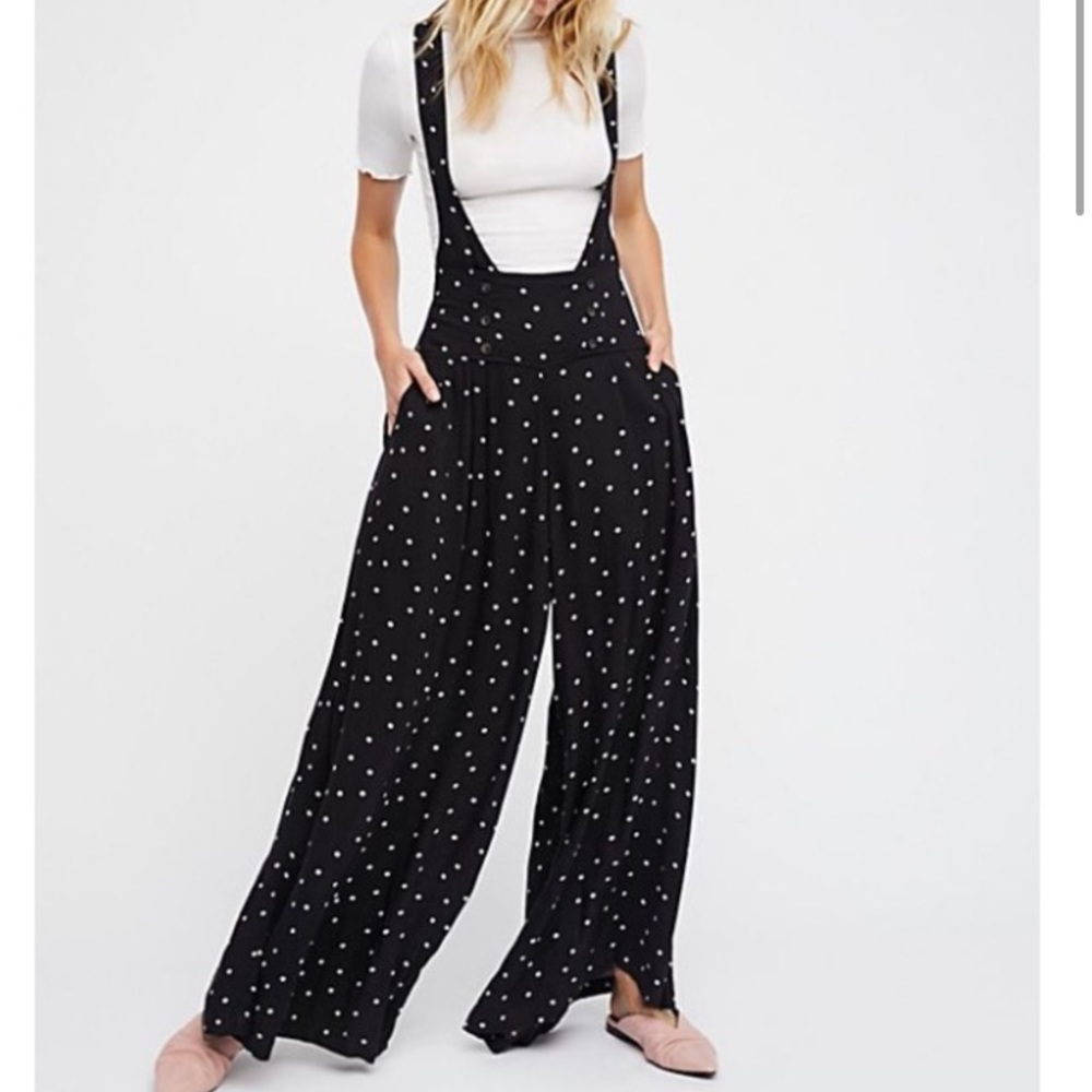 Free People Keep it Jumpin Jumper Wide Leg Overalls black/ white polka dot